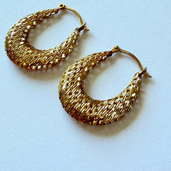 10k Solid Gold Diamond Cut Harlequin Mesh Pattern Hoop Earrings VINTAGE ESTATE